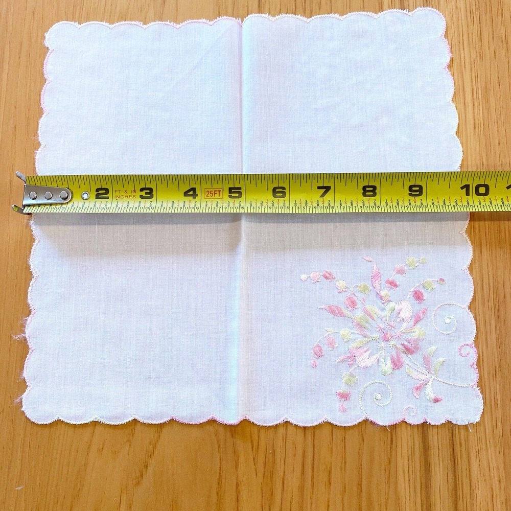 Vintage Handkerchief Hanky Embroidered Pink Green Flowers Scalloped Edge 10" - Picture 5 of 5